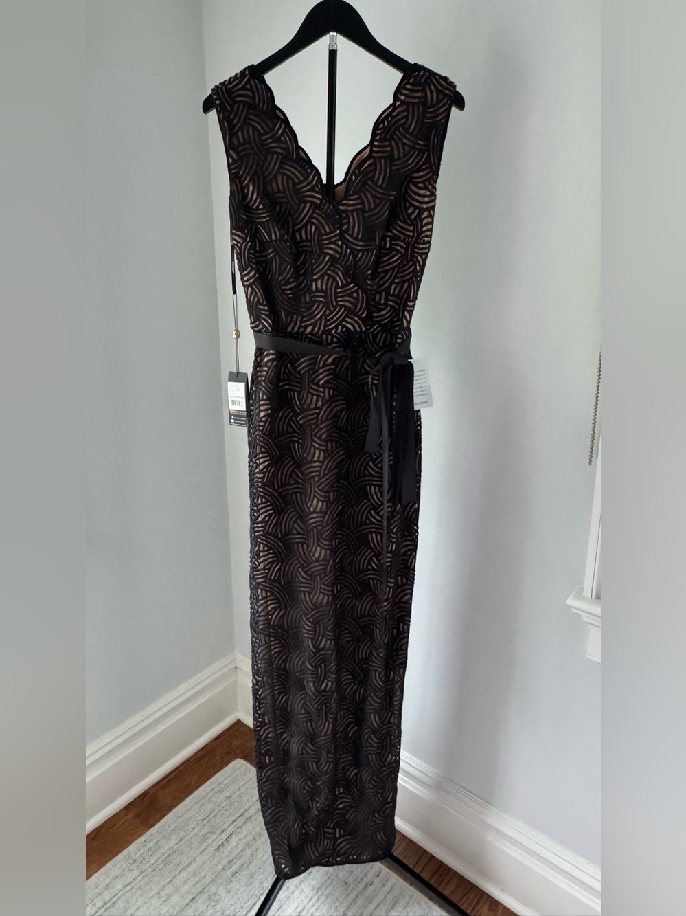 Tadashi Shoji Black Lace Overlay Full-Length Gown with Nude Lining